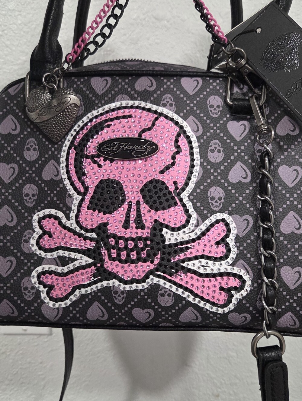 Ed Hardy Black and Purple Skull Satchel with Heart Charm